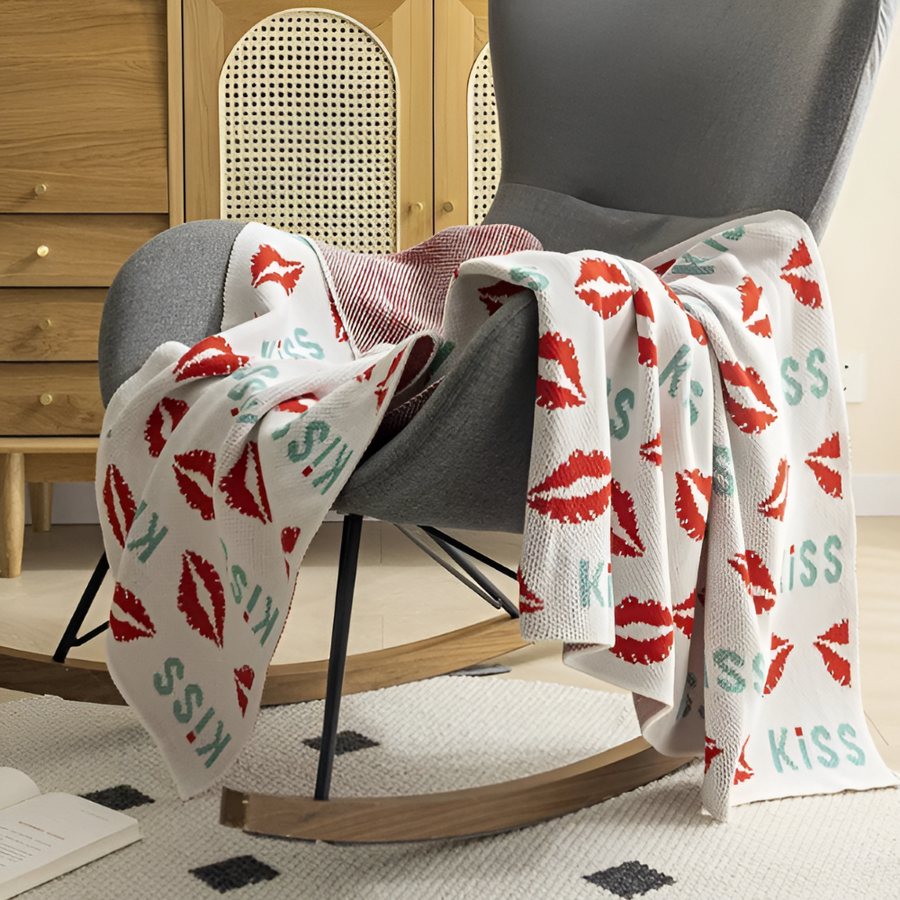 Soft Knit Plaid Throw Blanket with Heart Pattern in Red