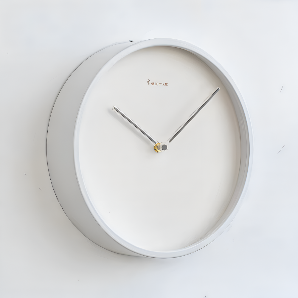 Minimalist Round Wall Clock in White Metal with Silent Quartz Movement