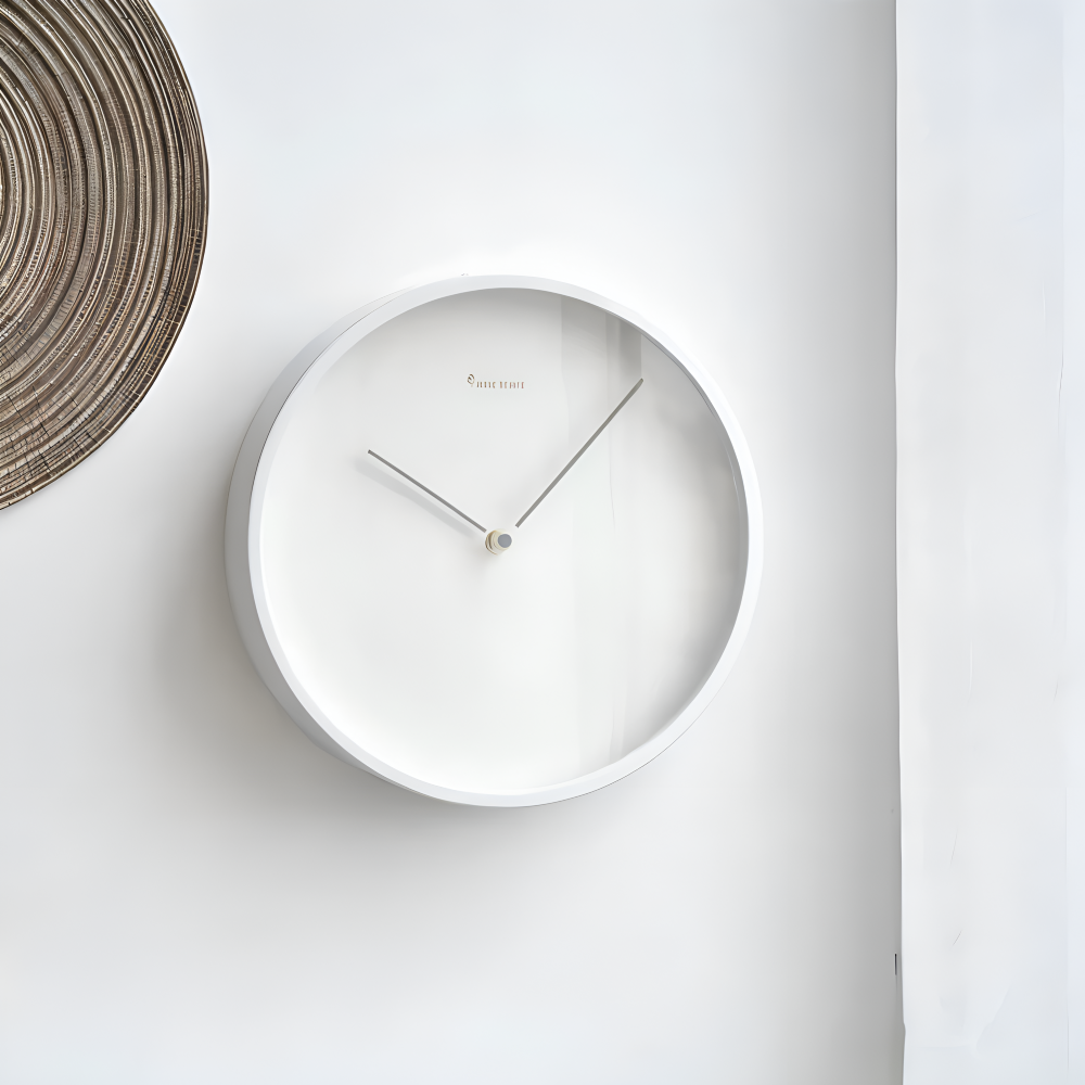 Minimalist Round Wall Clock in White Metal with Silent Quartz Movement