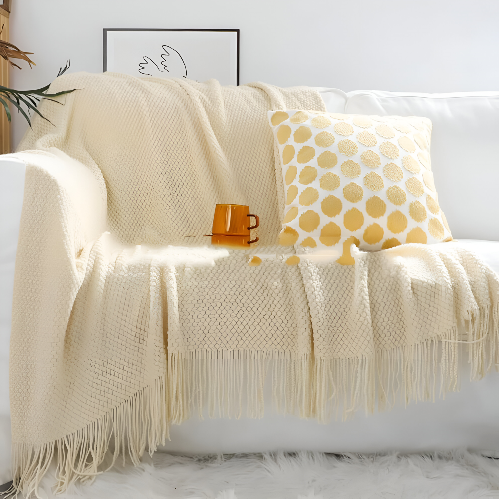 Chunky Knit Throw Blanket with Tassel Fringe in Cream Acrylic