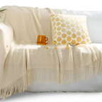 Chunky Knit Throw Blanket with Tassel Fringe in Cream Acrylic