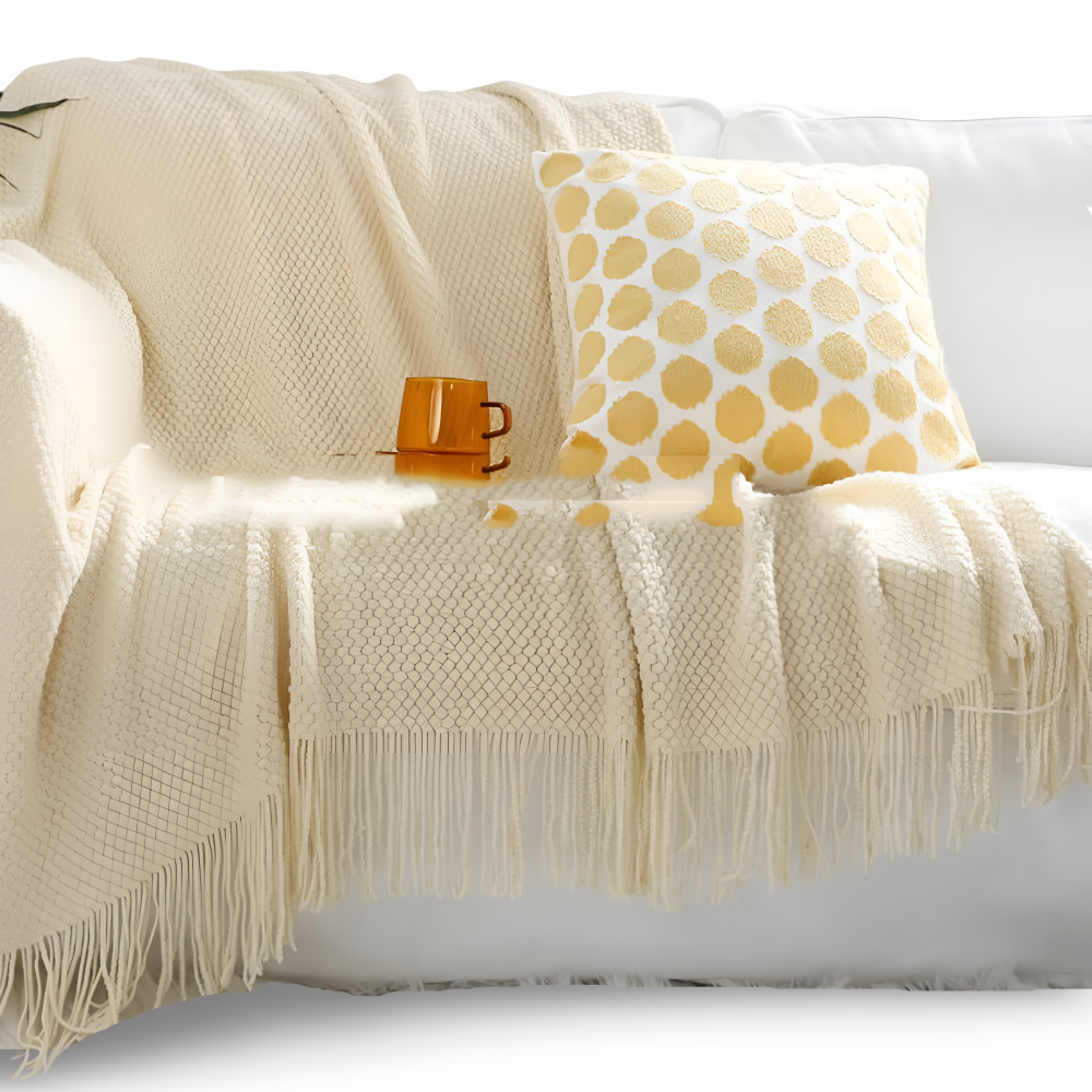 Chunky Knit Throw Blanket with Tassel Fringe in Cream Acrylic