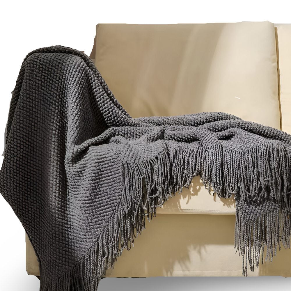 Chunky Knit Throw Blanket with Tassel Fringe in Cream Acrylic