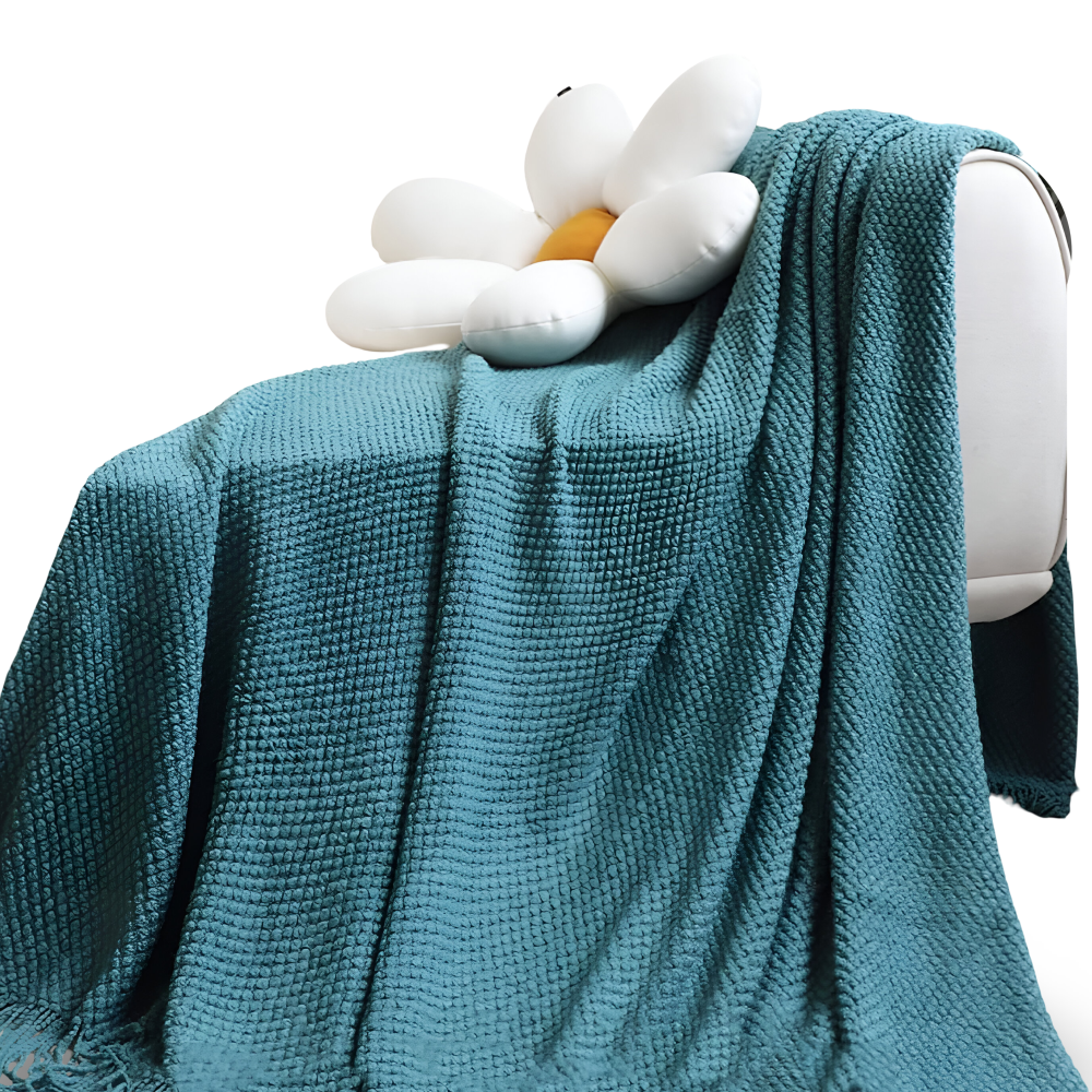 Chunky Knit Throw Blanket with Tassel Fringe in Cream Acrylic