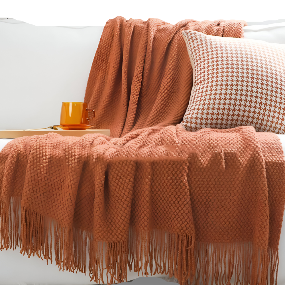 Chunky Knit Throw Blanket with Tassel Fringe in Cream Acrylic