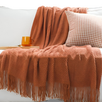 Chunky Knit Throw Blanket with Tassel Fringe in Cream Acrylic