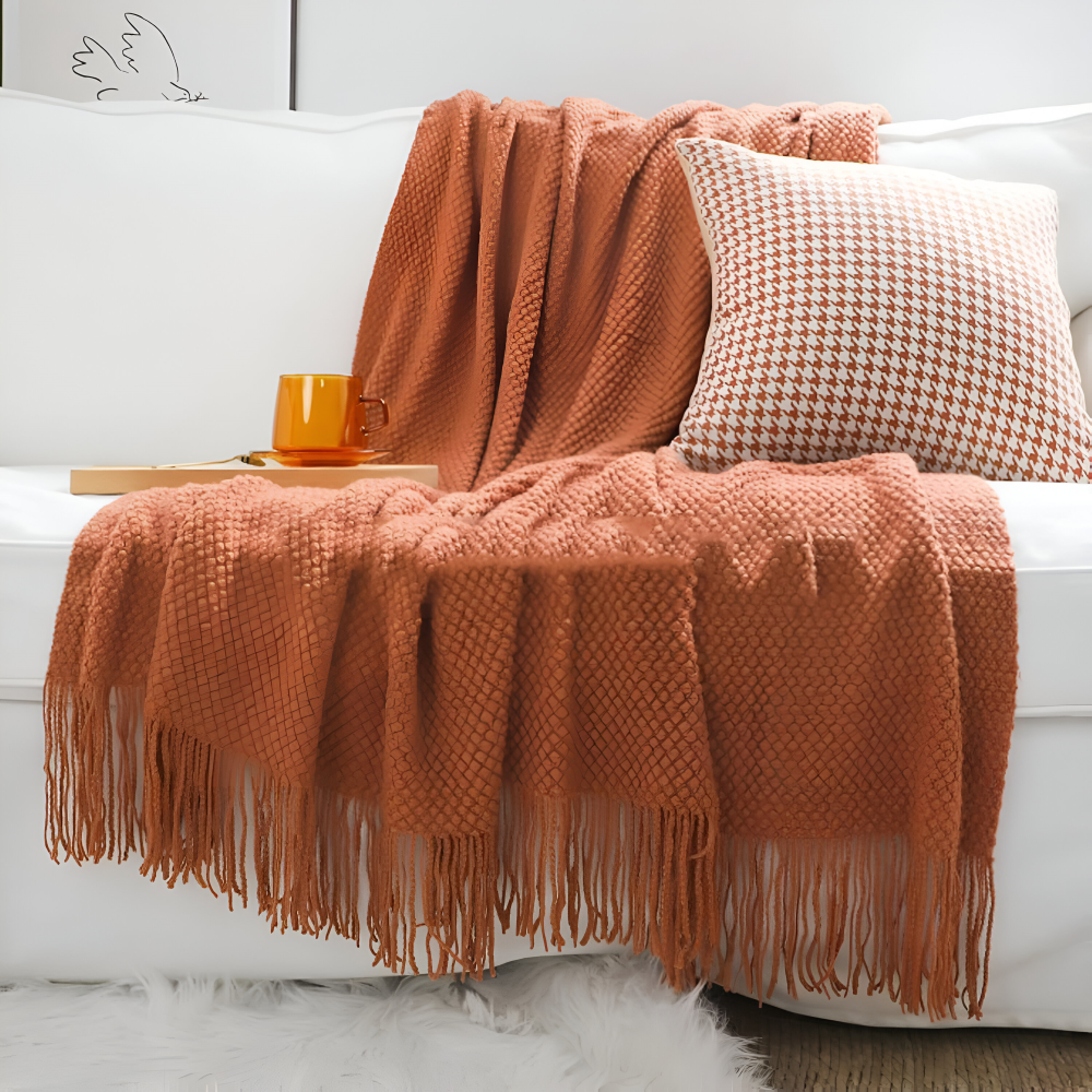 Chunky Knit Throw Blanket with Tassel Fringe in Cream Acrylic