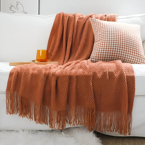 Chunky Knit Throw Blanket with Tassel Fringe in Cream Acrylic