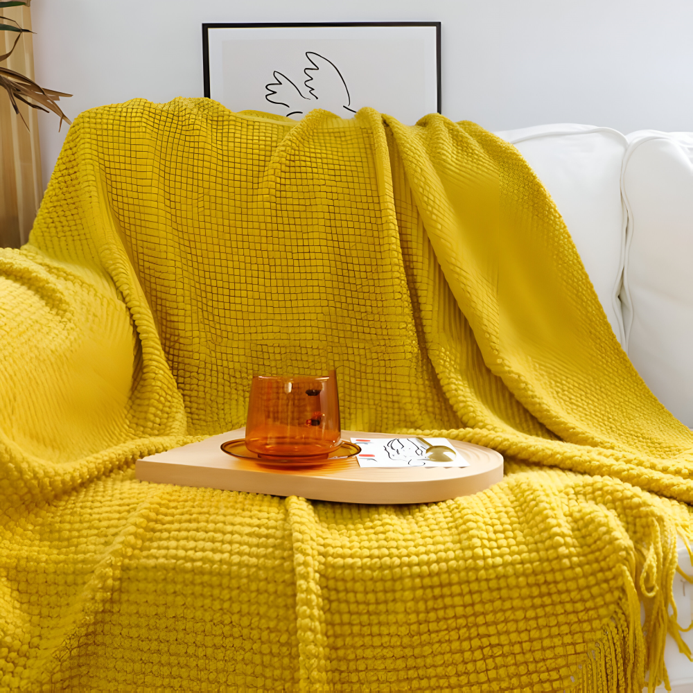 Chunky Knit Throw Blanket with Tassel Fringe in Cream Acrylic