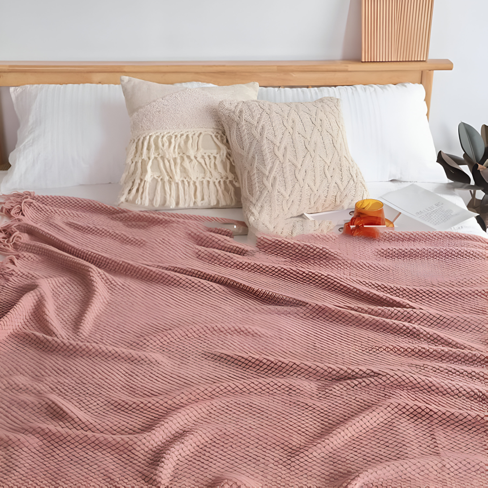 Chunky Knit Throw Blanket with Tassel Fringe in Cream Acrylic