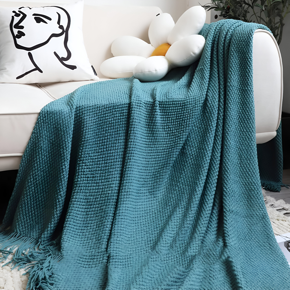 Chunky Knit Throw Blanket with Tassel Fringe in Cream Acrylic