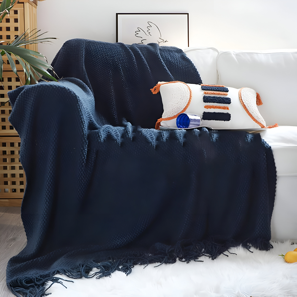 Chunky Knit Throw Blanket with Tassel Fringe in Cream Acrylic