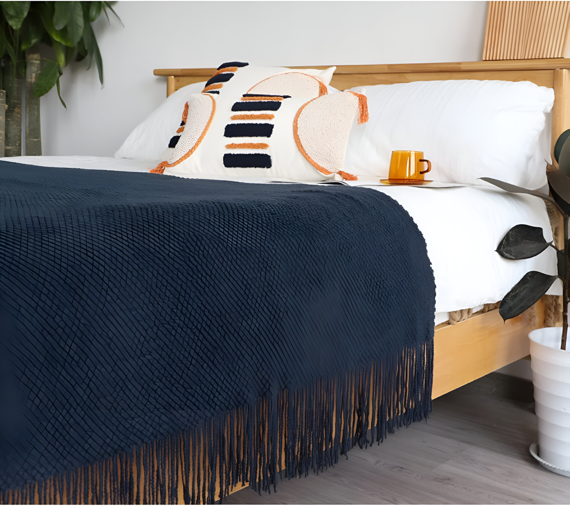 Chunky Knit Throw Blanket with Tassel Fringe in Cream Acrylic