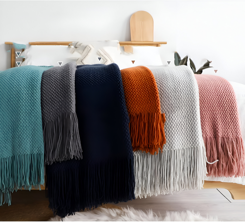 Chunky Knit Throw Blanket with Tassel Fringe in Cream Acrylic
