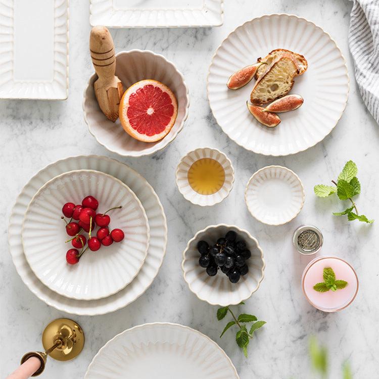 White Scalloped Ceramic Plates & Bowls Elegant Dinnerware