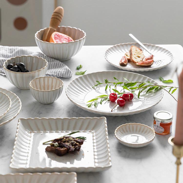 White Scalloped Ceramic Plates & Bowls Elegant Dinnerware