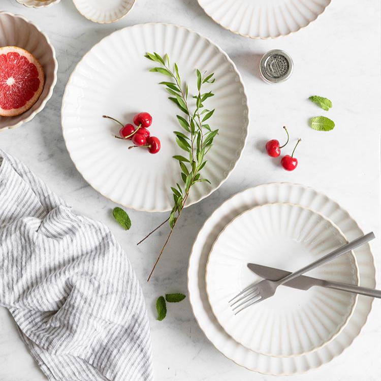 White Scalloped Ceramic Plates & Bowls Elegant Dinnerware