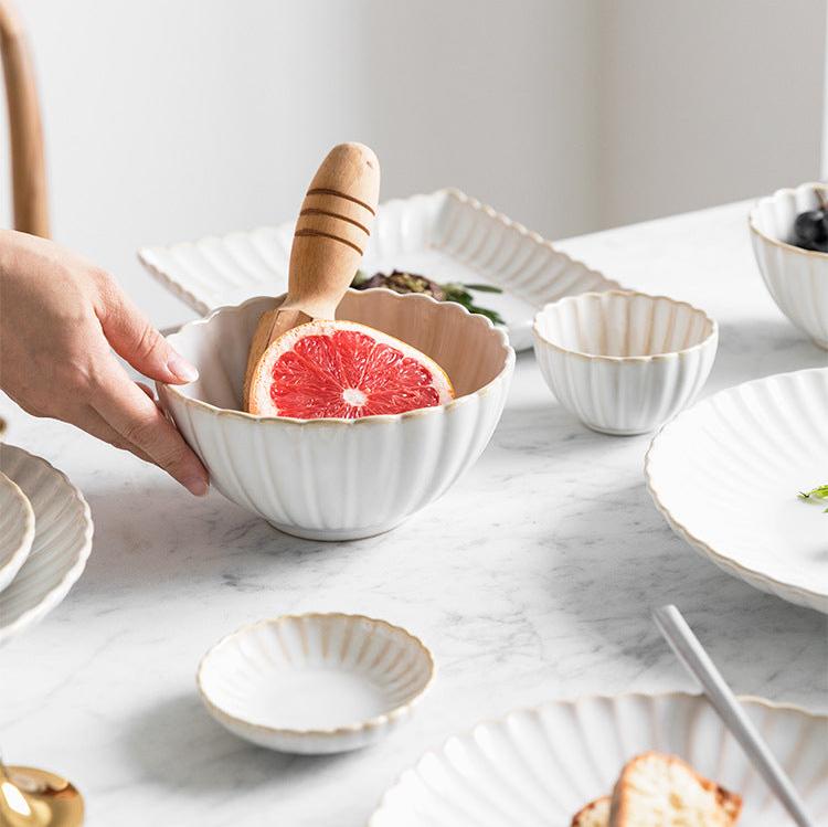 White Scalloped Ceramic Plates & Bowls Elegant Dinnerware