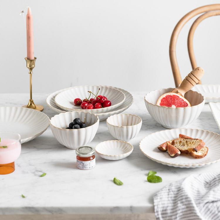 White Scalloped Ceramic Plates & Bowls Elegant Dinnerware