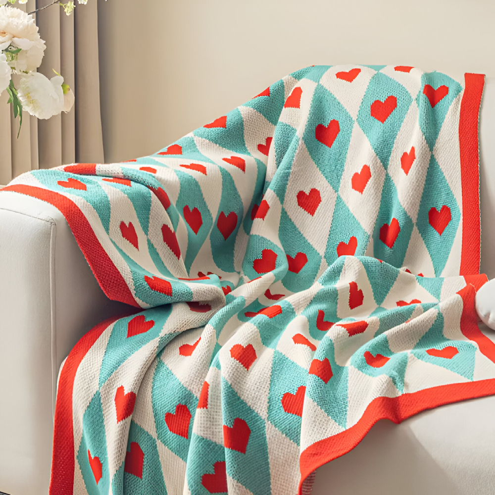 Soft Knit Plaid Throw Blanket with Heart Pattern in Red