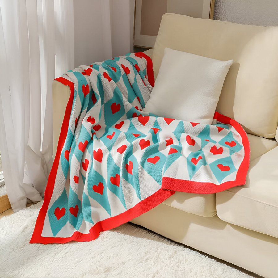 Soft Knit Plaid Throw Blanket with Heart Pattern in Red