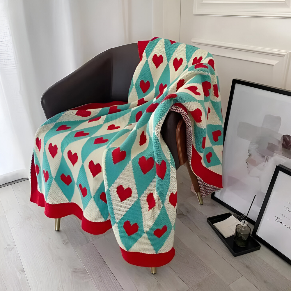 Soft Knit Plaid Throw Blanket with Heart Pattern in Red