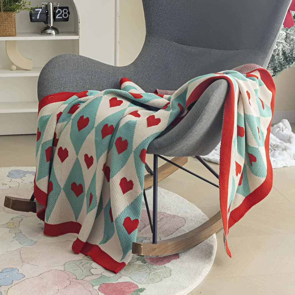 Soft Knit Plaid Throw Blanket with Heart Pattern in Red
