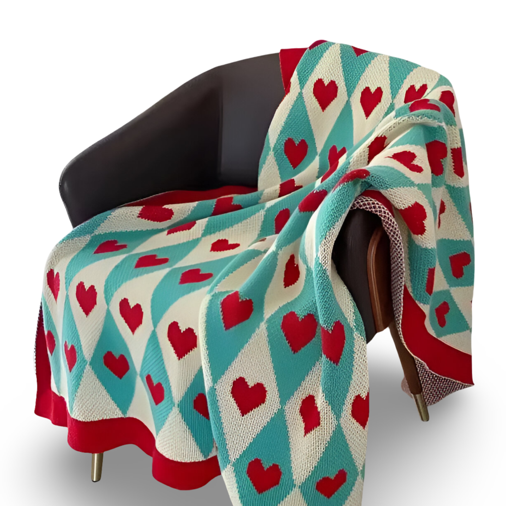 Soft Knit Plaid Throw Blanket with Heart Pattern in Red