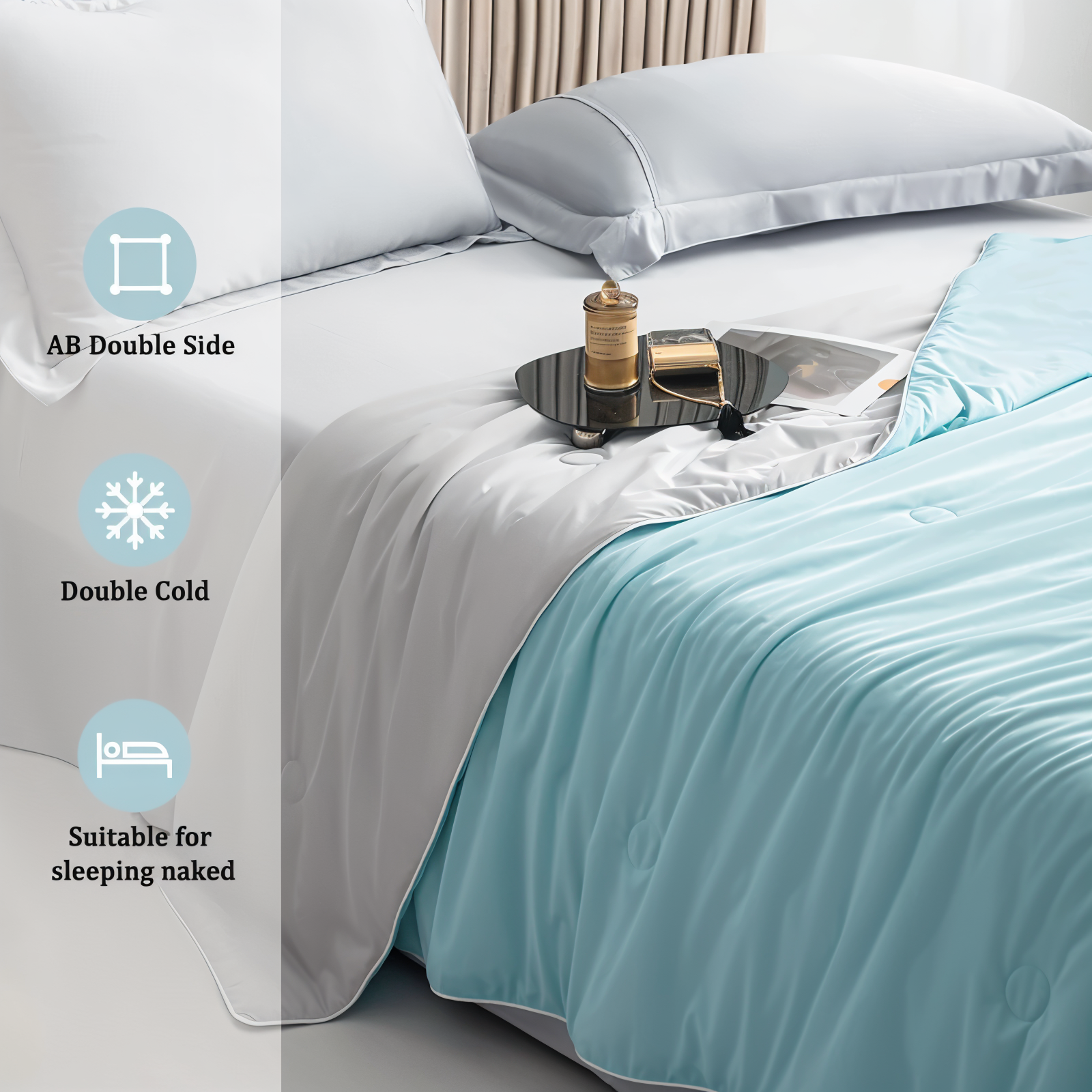 Double Sided Cooling Blanket for Summer in Light Blue Breathable Microfiber
