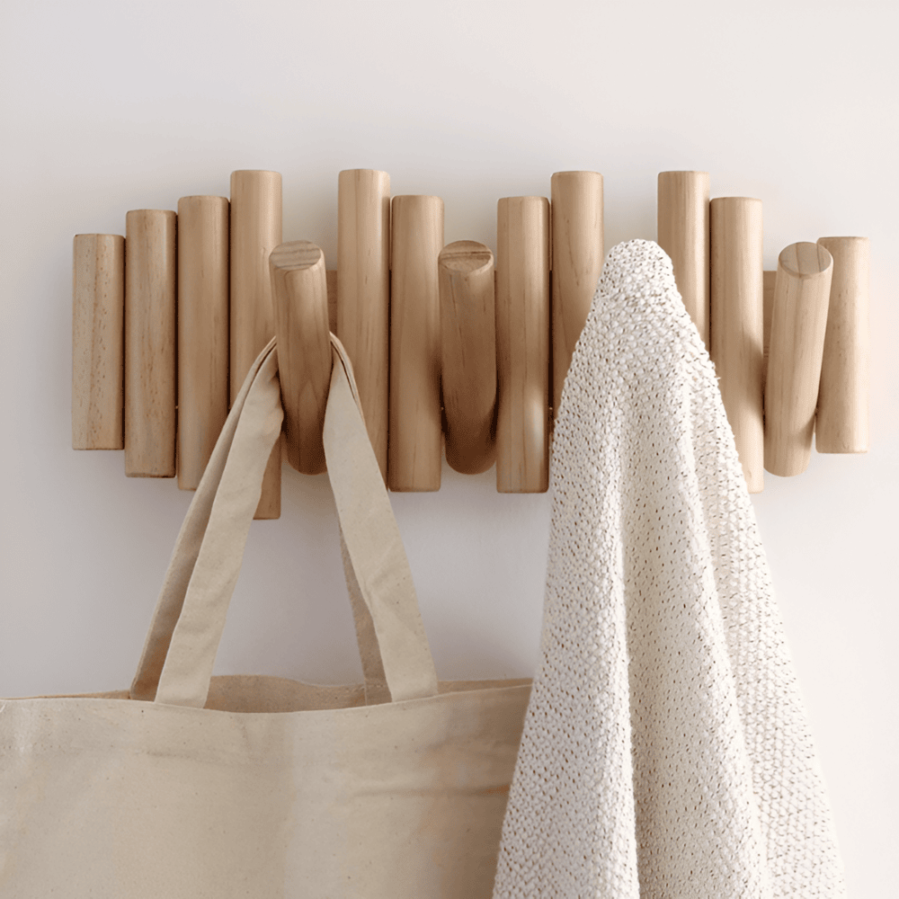 Natural Wooden Wall Mounted Coat Rack with Rounded Hooks