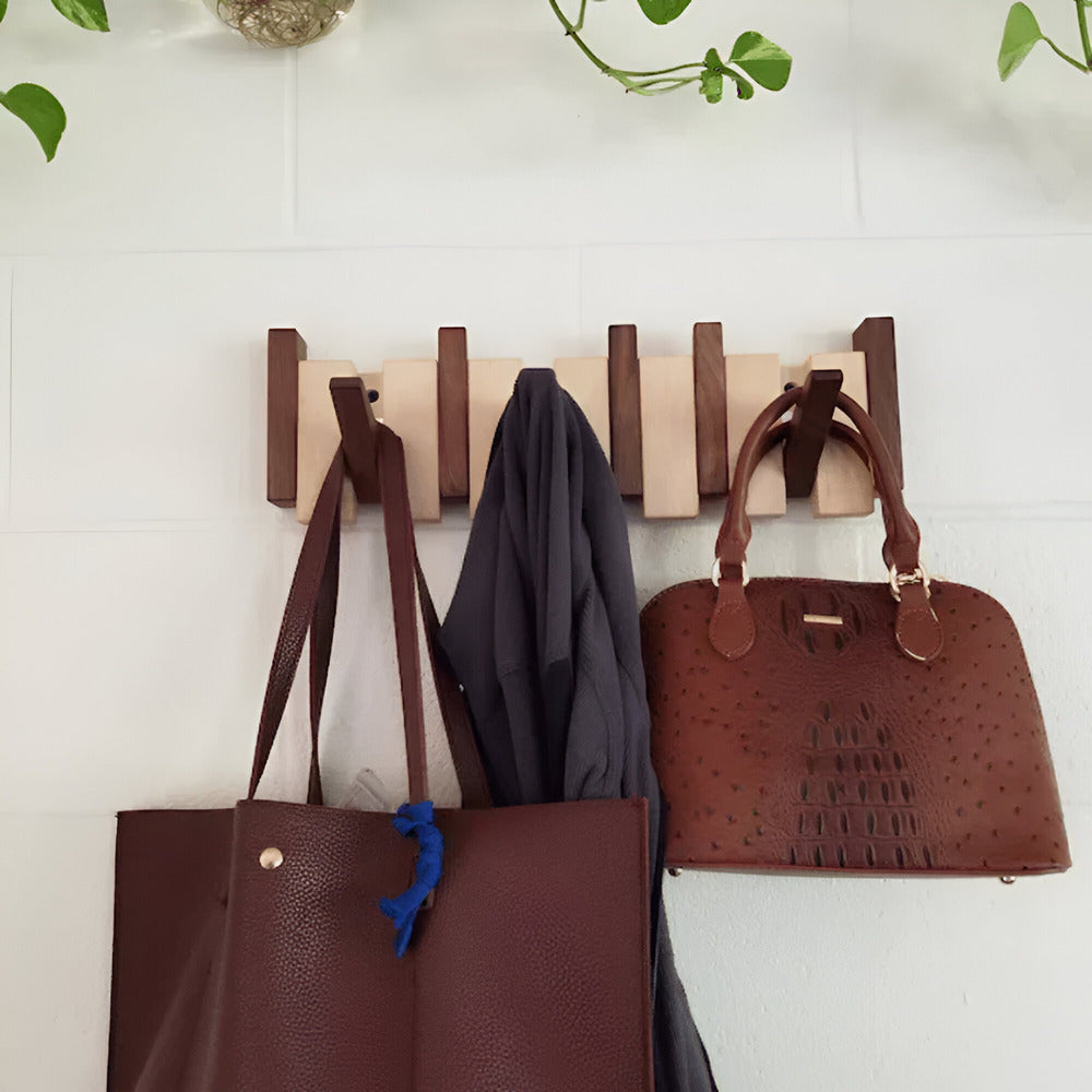 Modern Wooden Wall Mounted Coat Rack with Piano Style Flip Hooks