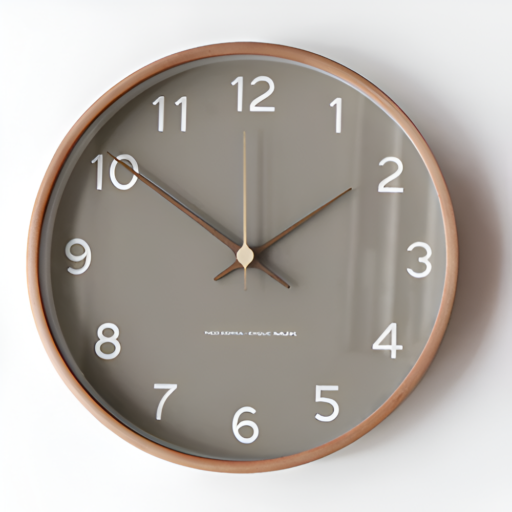 Modern Round Wall Clock with Wooden Frame and Silent Quartz Movement
