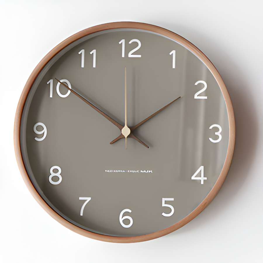 Modern Round Wall Clock with Wooden Frame and Silent Quartz Movement