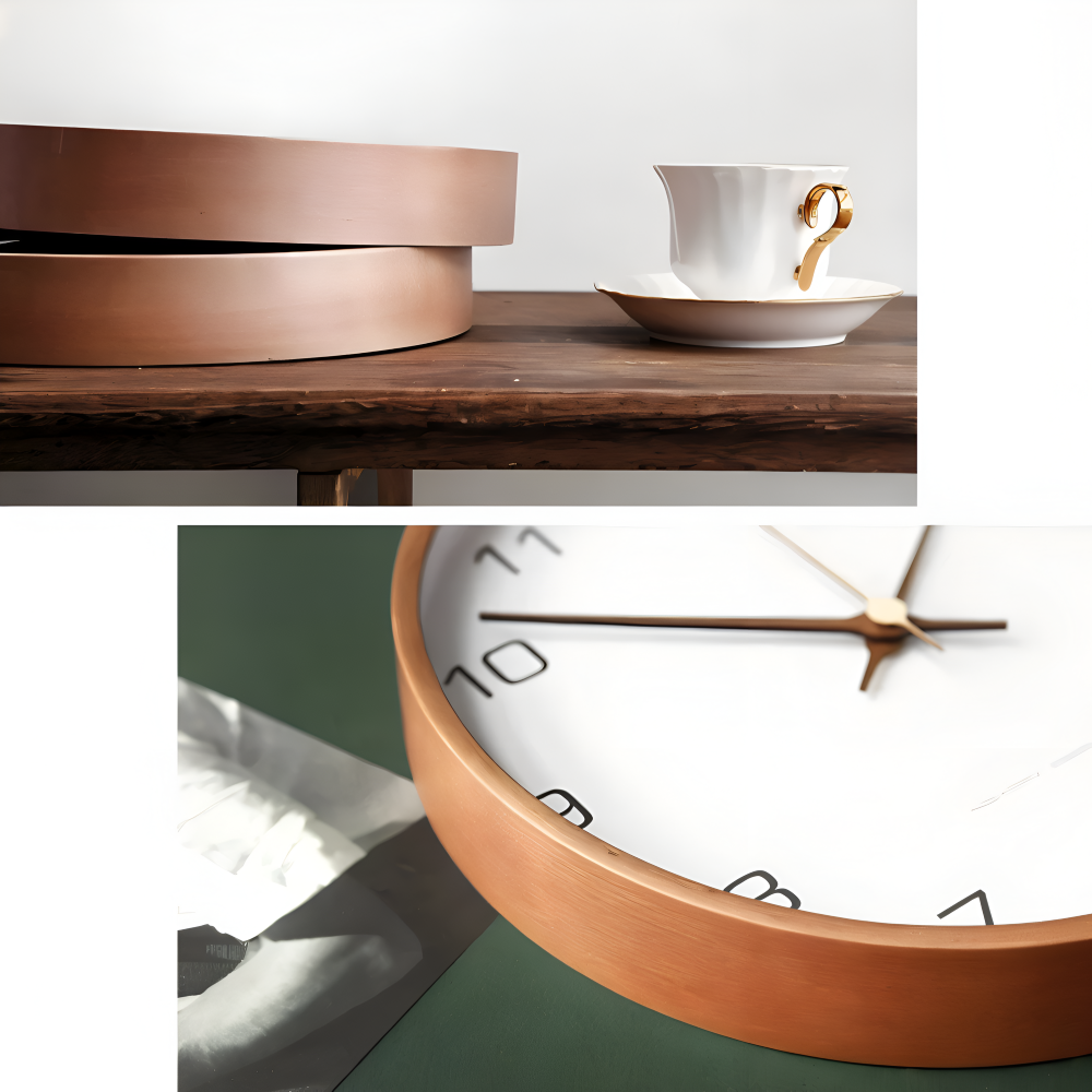 Modern Round Wall Clock with Wooden Frame and Silent Quartz Movement