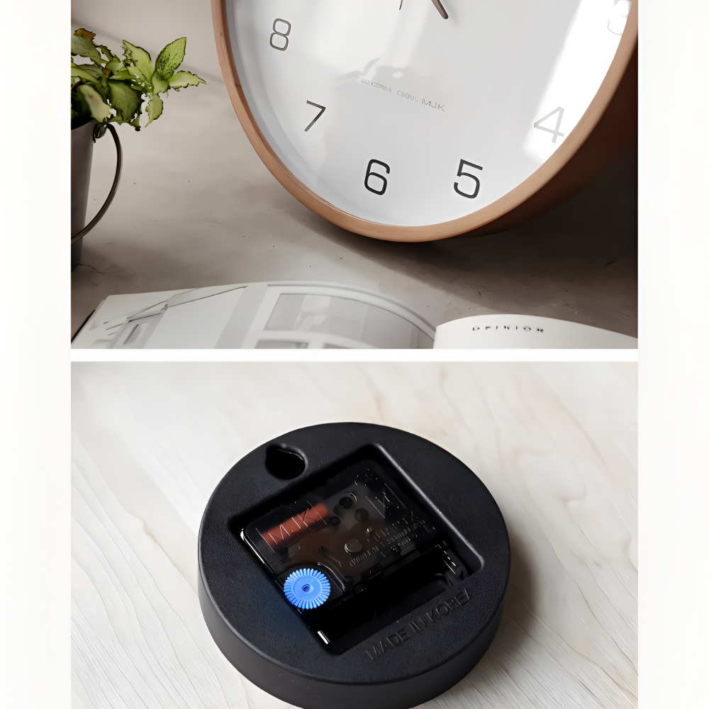 Modern Round Wall Clock with Wooden Frame and Silent Quartz Movement