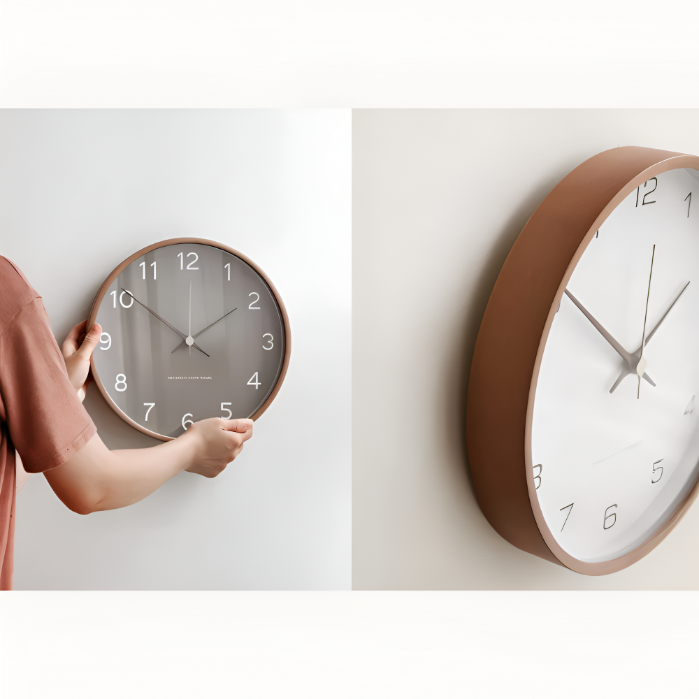 Modern Round Wall Clock with Wooden Frame and Silent Quartz Movement