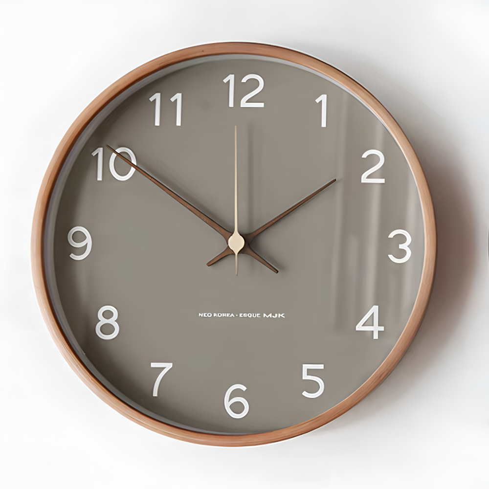 Modern Round Wall Clock with Wooden Frame and Silent Quartz Movement