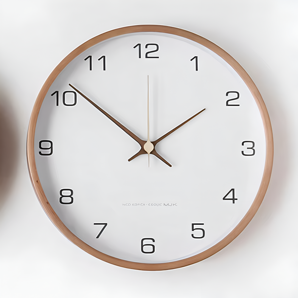 Modern Round Wall Clock with Wooden Frame and Silent Quartz Movement