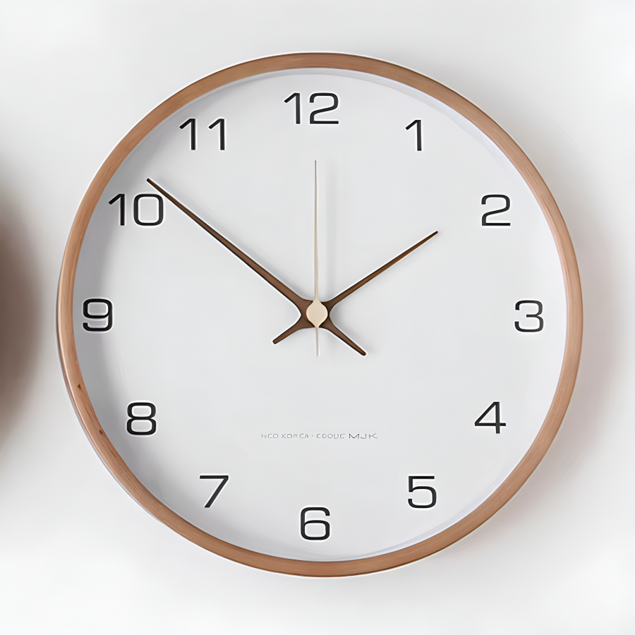 Modern Round Wall Clock with Wooden Frame and Silent Quartz Movement