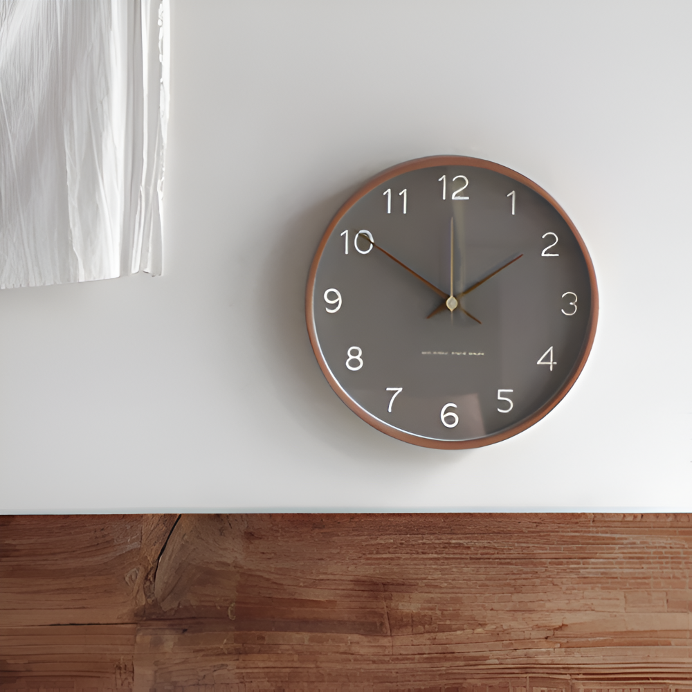 Modern Round Wall Clock with Wooden Frame and Silent Quartz Movement