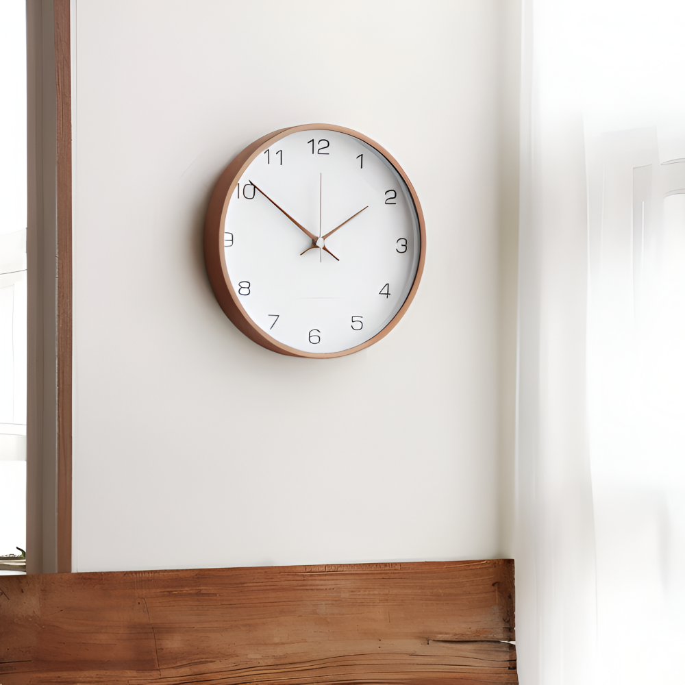Modern Round Wall Clock with Wooden Frame and Silent Quartz Movement