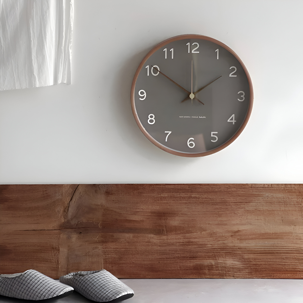 Modern Round Wall Clock with Wooden Frame and Silent Quartz Movement