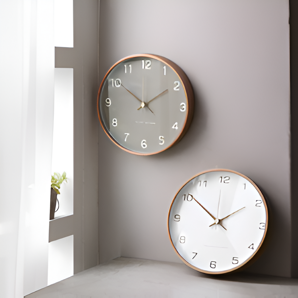 Modern Round Wall Clock with Wooden Frame and Silent Quartz Movement