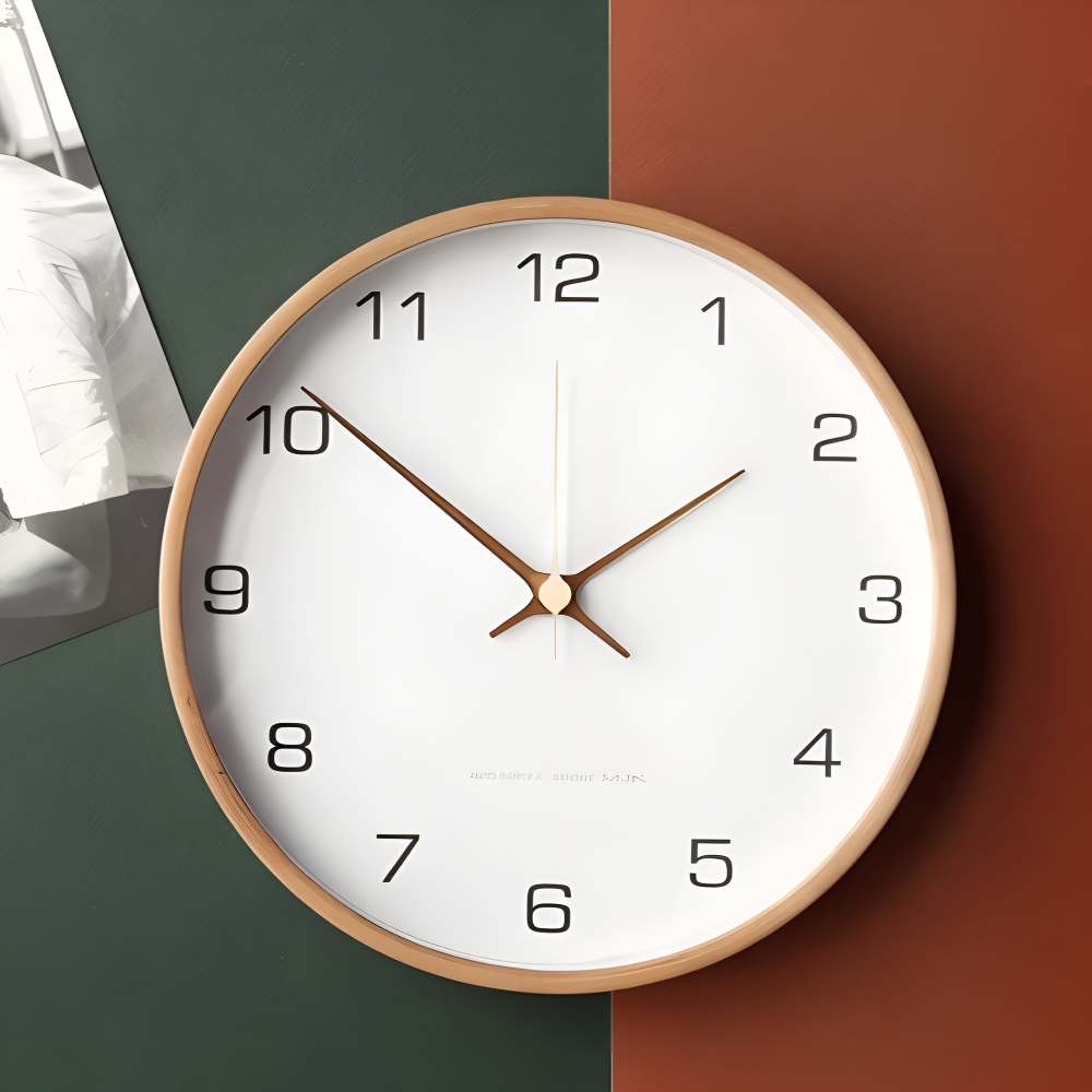 Modern Round Wall Clock with Wooden Frame and Silent Quartz Movement