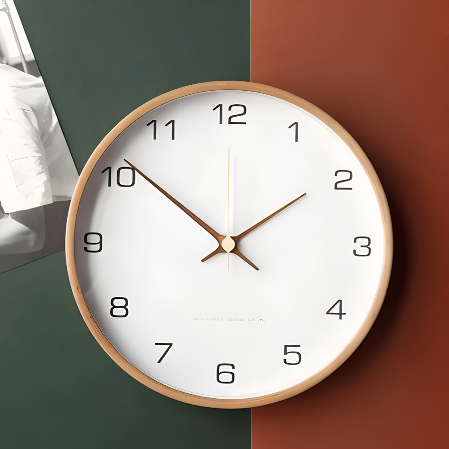 Modern Round Wall Clock with Wooden Frame and Silent Quartz Movement