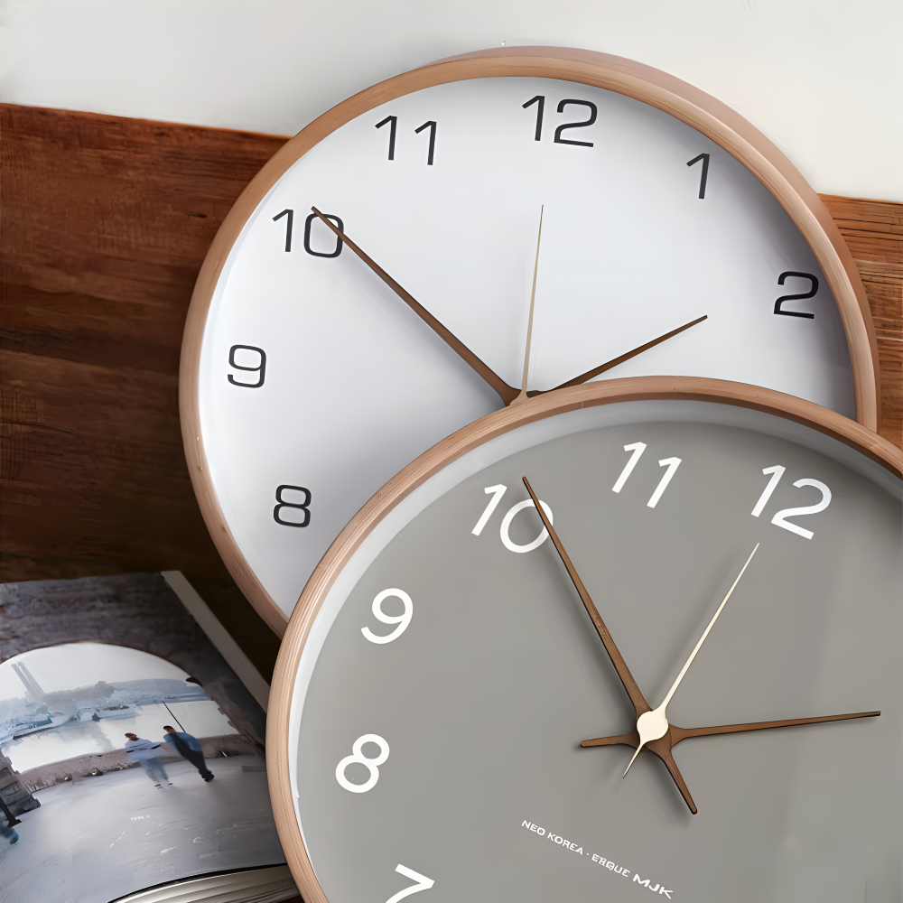 Modern Round Wall Clock with Wooden Frame and Silent Quartz Movement