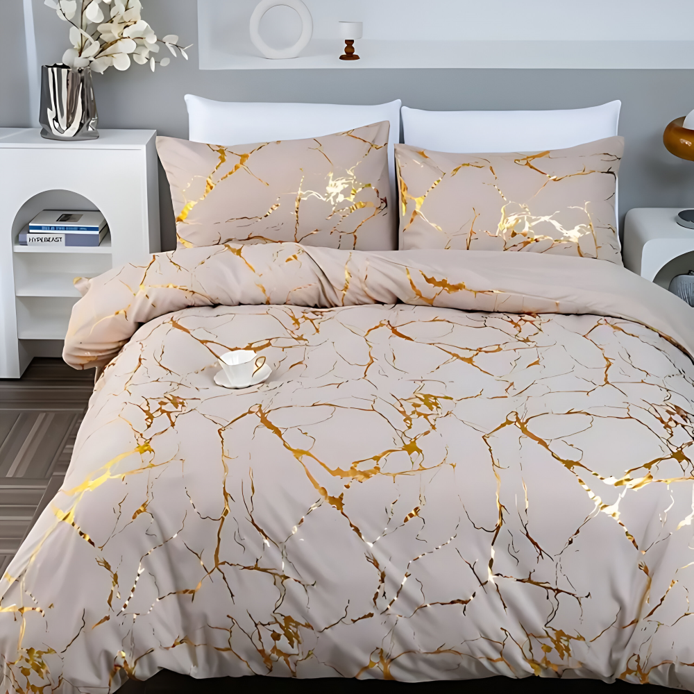 Luxury Marble Duvet Cover Set in Beige with Gold Vein Pattern