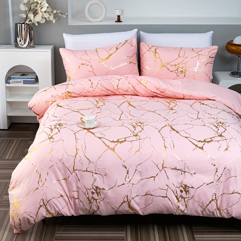Luxury Marble Duvet Cover Set in Beige with Gold Vein Pattern