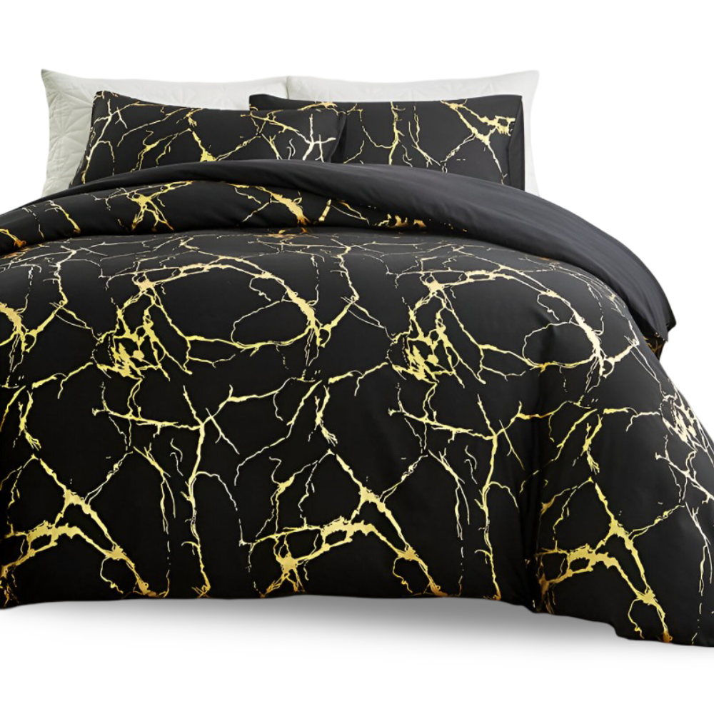 Luxury Marble Duvet Cover Set in Beige with Gold Vein Pattern
