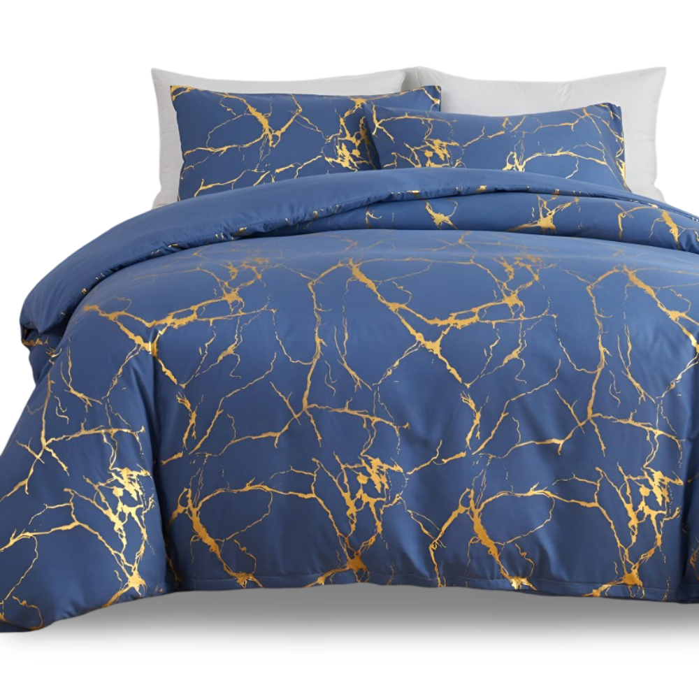 Luxury Marble Duvet Cover Set in Beige with Gold Vein Pattern